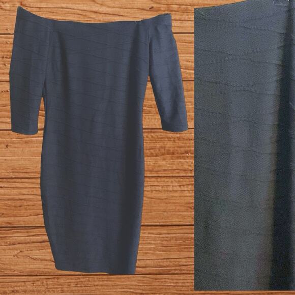 Premier Amour Little Black Dress SZ 10 Off the Shoulder Diamond Pattern Bodycon - Picture 3 of 10